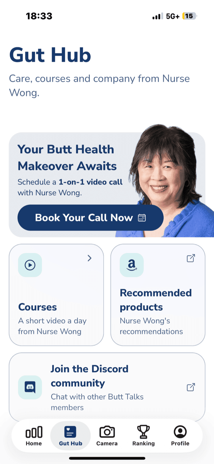 The Gut Hub screen with a card to book a video call with Nurse Wong, plus courses, products and Discord