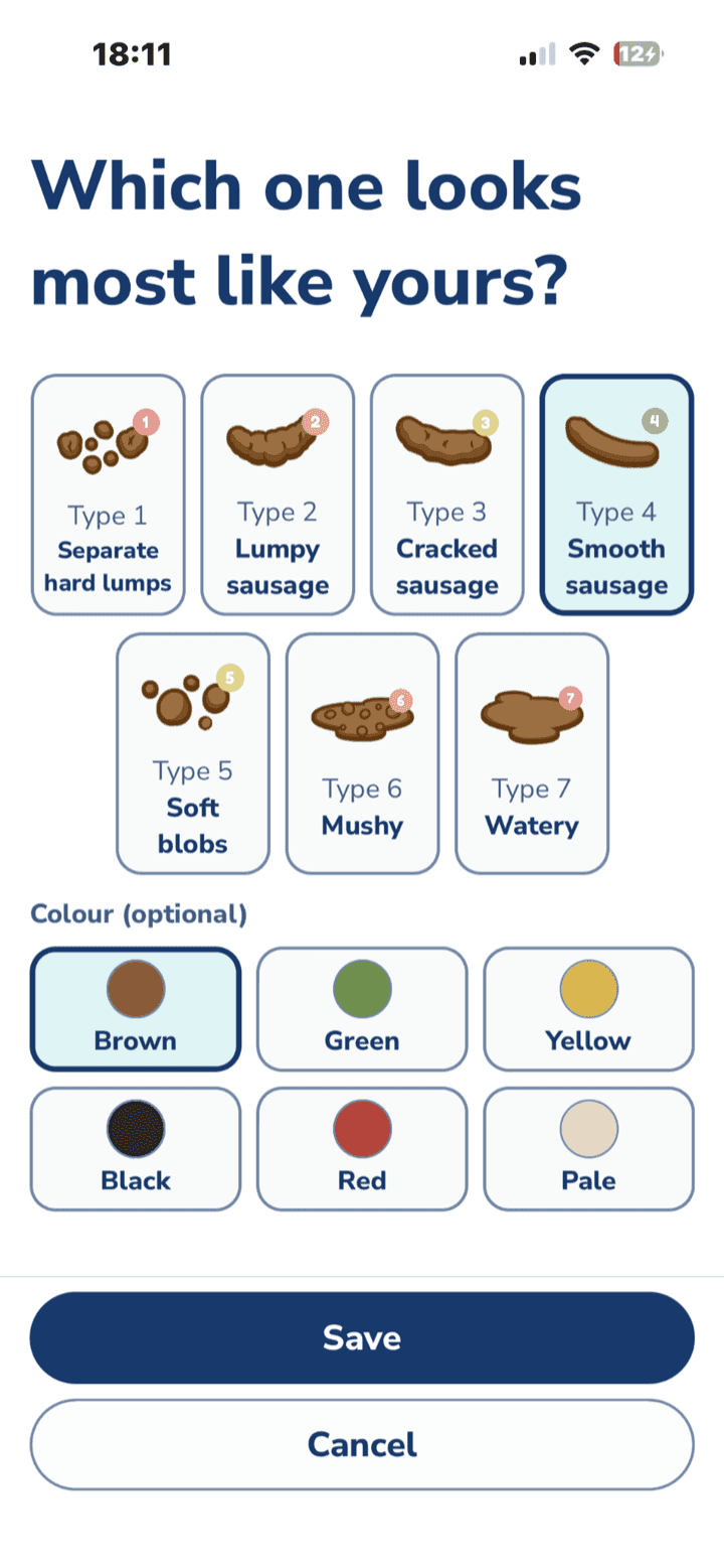 The type picker showing the seven Bristol stool types and six colours, with Type 4 and Brown selected